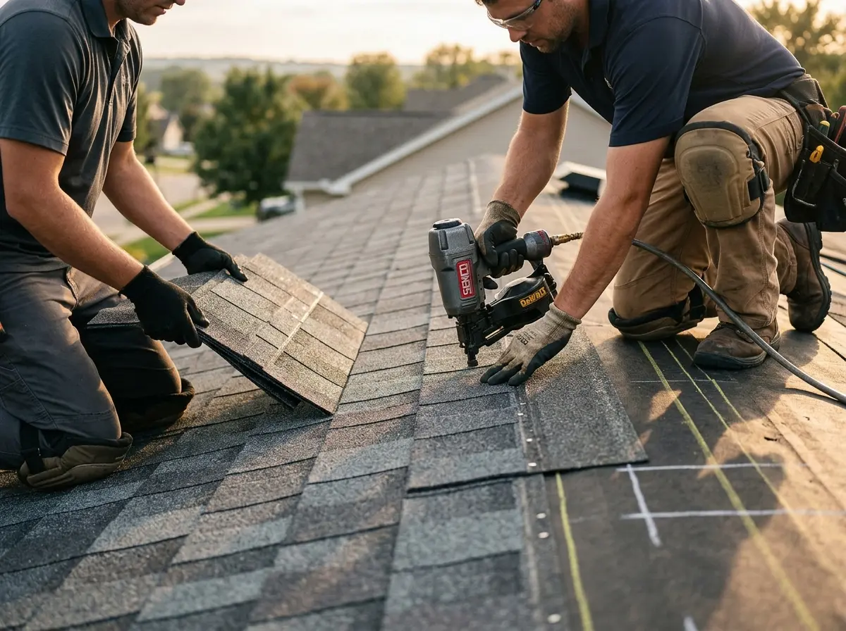 Professional roofer working on a residential roof in Okeechobee